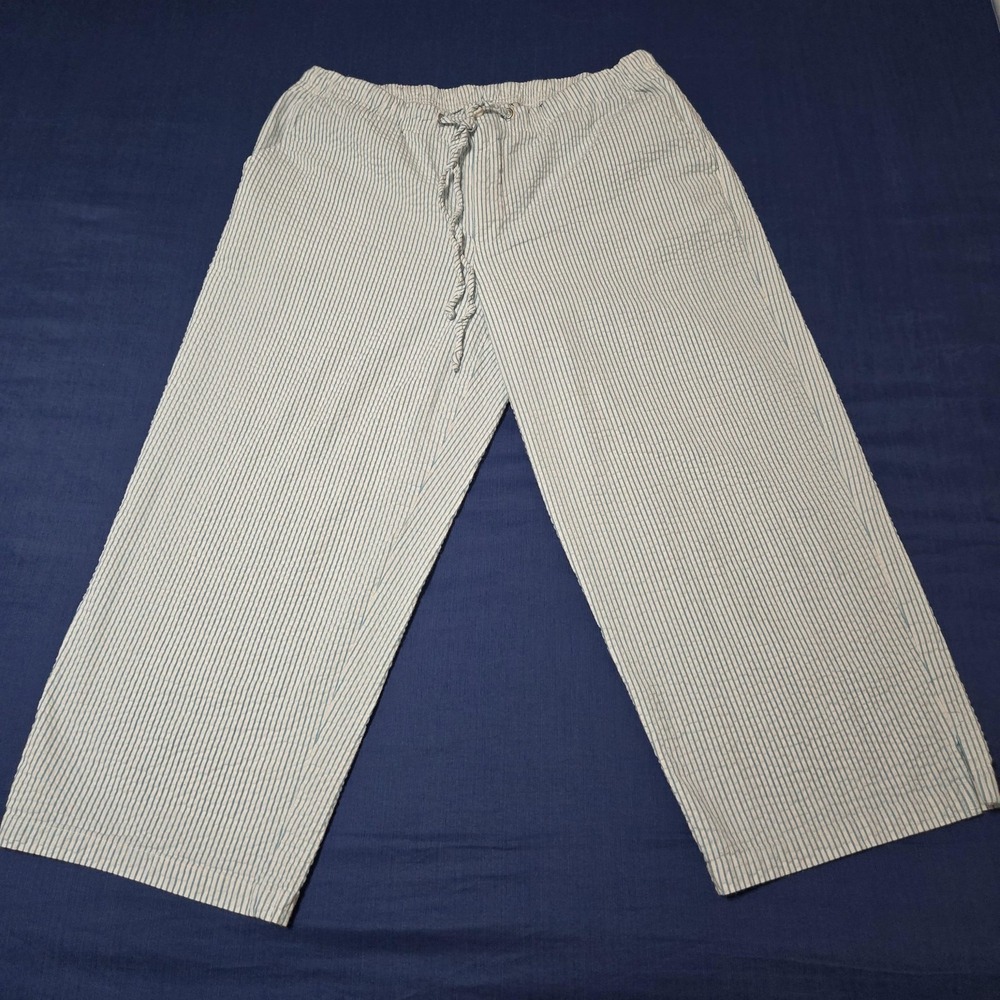Sag Harbor Pants Womens Small Blue Striped Stretch Capri Elastic Waist Cotton